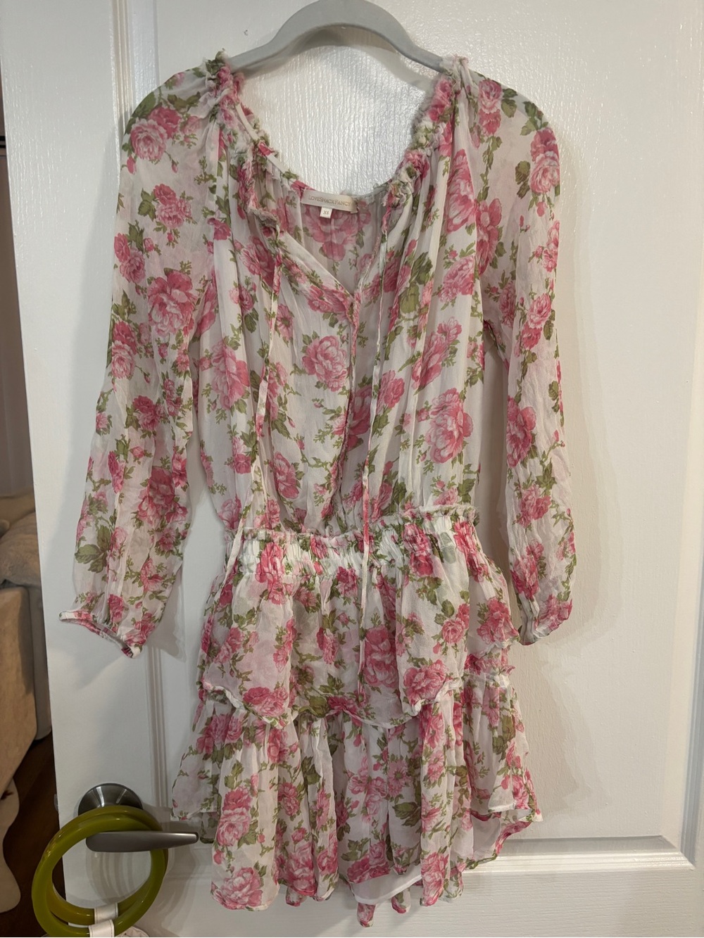 LoveShackFancy Pink Floral Tiered Ruffle Mini Dress